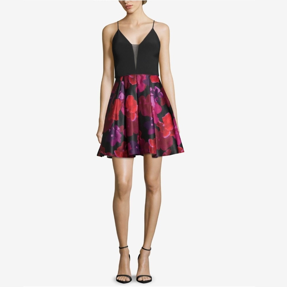 Betsy & Adam Black Floral Spaghetti Strap Dress
